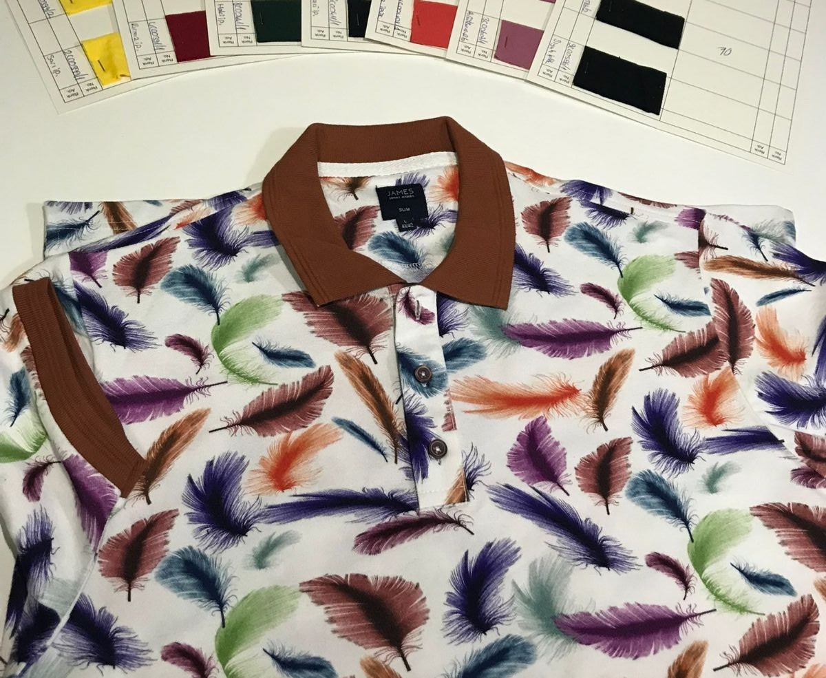 Men’s  Shirt with Colorful Feather Print and Brown Collar